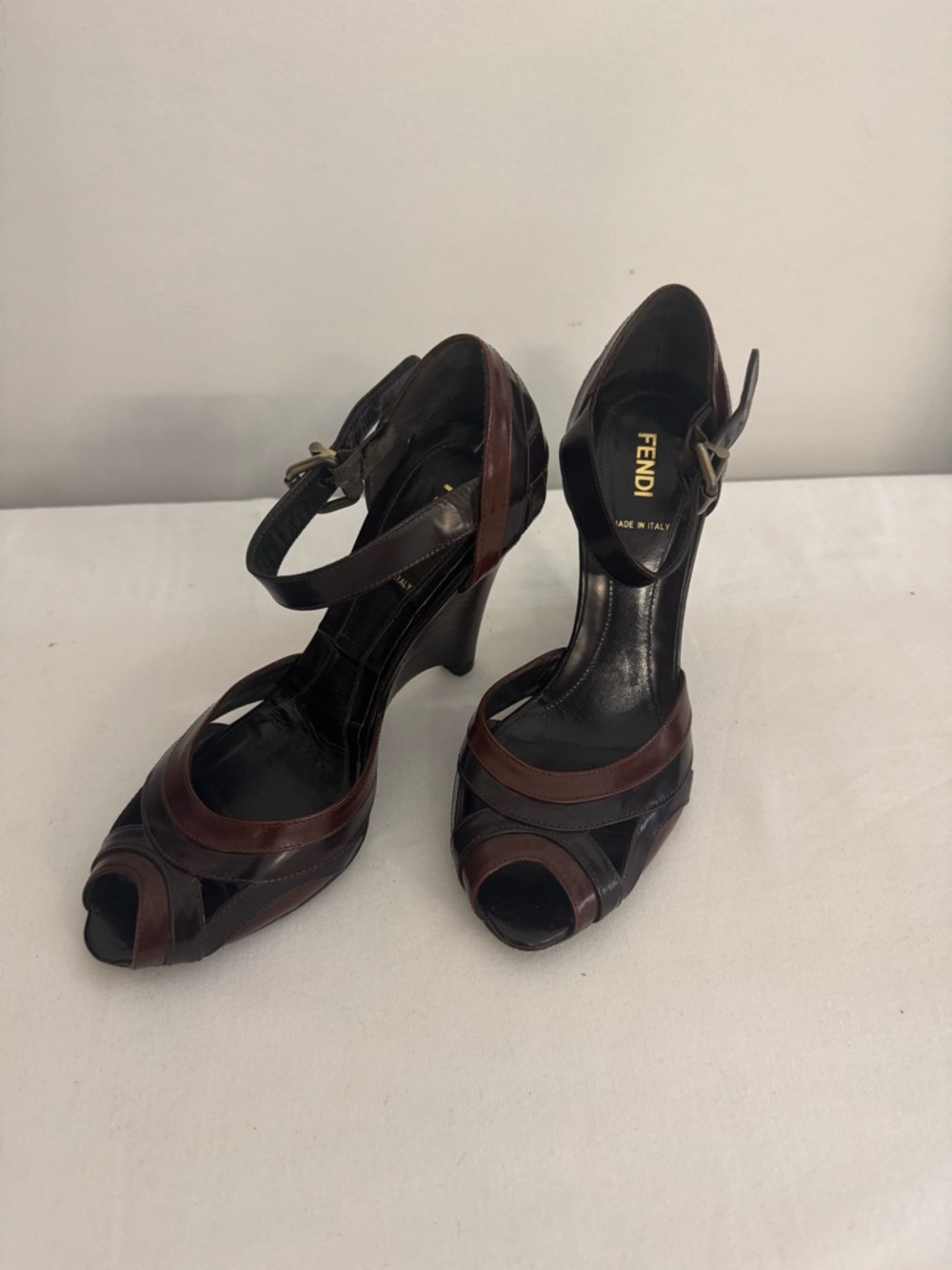 Fendi Brown and Black Leather Peep-Toe Ankle-Strap Heels